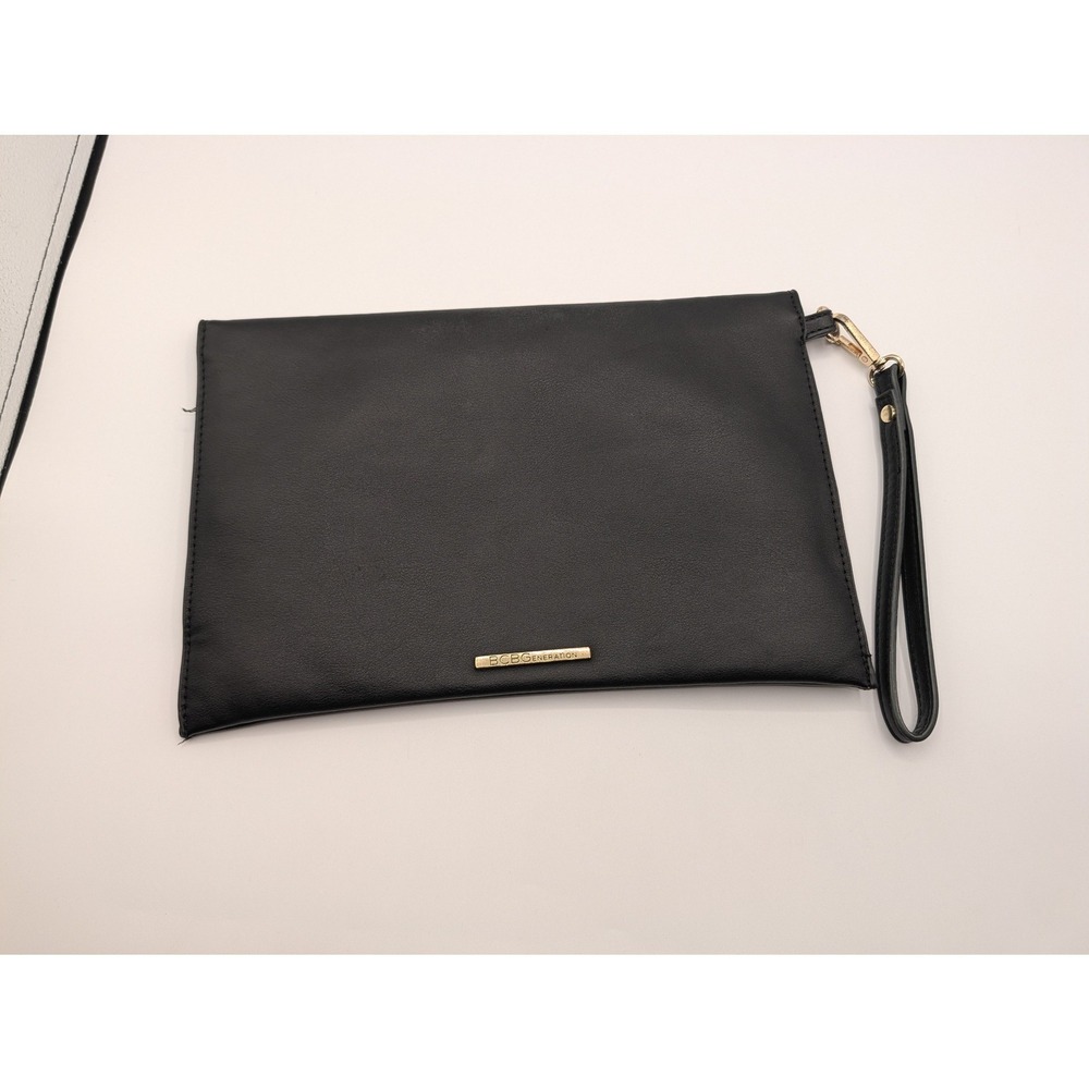 BCBGeneration Black Vegan Leather Wristlet Clutch Foldover Bag Gold Hardware